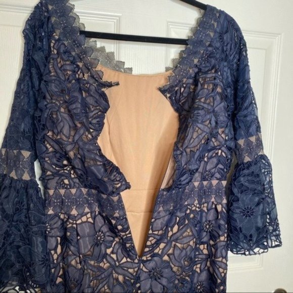 NWT Tadashi Shoji Navy Blue Nude Lace Off The Shoulder Maxi Dress Gown Size 10 - Picture 8 of 12